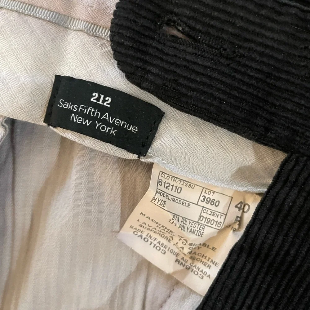 Saks Fifth Avenue Flat Front‎ & Cuffed Corduroy Pant in Black Size 40 $145